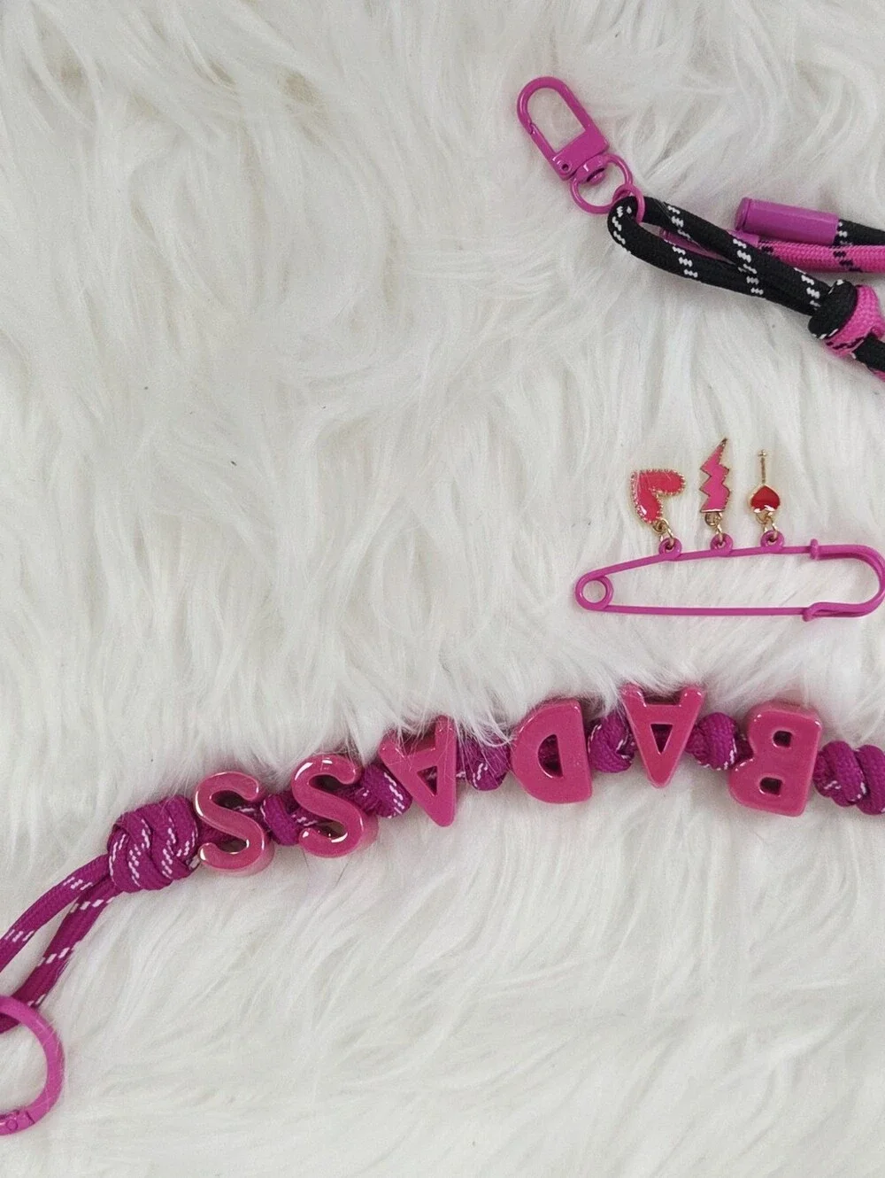 4pc Pink 'BADASS' Purse Bag Charm Keychain and Strap Set